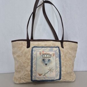 Brighton Sheba Princess Cat Vintage Tapestry Tote Bag w/ Leather Accent